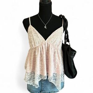 Mixed Threads Women’s Lace Overlay Spaghetti Strap Tank Top - Blush Pink, Size L